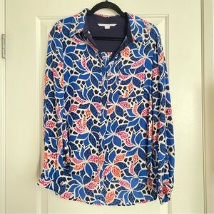 Diane Von Furstenberg Silk Vibrant Blue and Red Button Down Shirt Long Sleeve